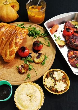 A picture of Cornucopia With Grilled Chicken, Veggies And Mixed Vegetable Pie.