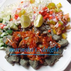 Danwake with hot liver sauce A picture of Danwake with hot liver sauce.