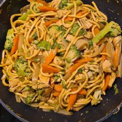 Satay chicken with Hokkien noodles A picture of Satay chicken with Hokkien noodles.