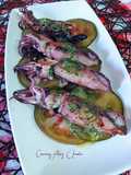 Chipirones a la plancha rellenos de pasta de cilantro, ajos y jengibre