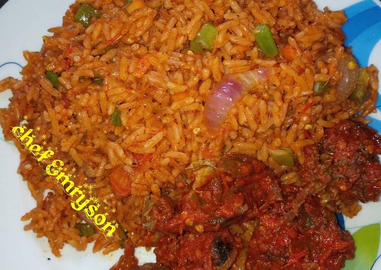 Jollof rice and sauced beef my way