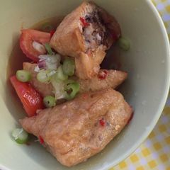 A picture of Vietnamese Pork-Stuffed Fried Tofu In Tomato Sauce.