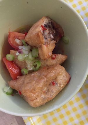 A picture of Vietnamese Pork-Stuffed Fried Tofu In Tomato Sauce.