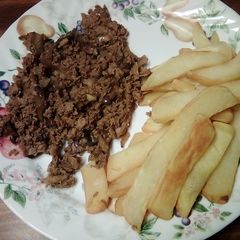 A picture of Cheese steak and fries.