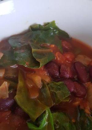 A picture of Spring greens and red bean stew.