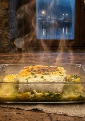 Una foto de Maruca Gratinada sobre Cogollos al Vapor