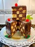 Tarta “ajedrez” con almíbar de chocolate y ganaché