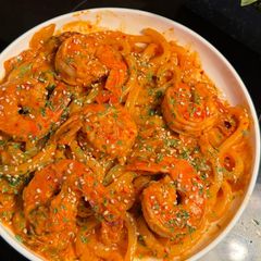 A picture of Creamy shrimp udon 🦐.