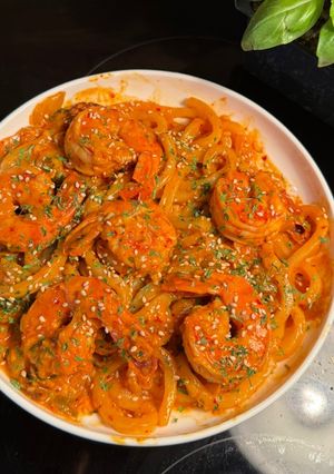 A picture of Creamy shrimp udon 🦐.