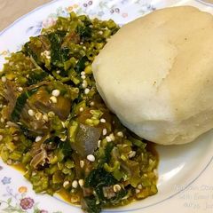 A picture of Okro soup with garri.