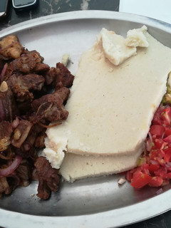 A picture of Beef fry & Ugali.