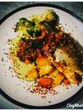 SeaBass on a Smoked Paprika and Chives Mixed Fried Potatoes with Thyme and Vinegar Garden Peas Purée