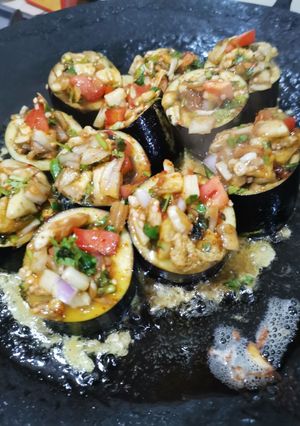 A picture of Eggplants with egg.
