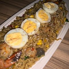 A picture of Spicy noodles with shrimps.
