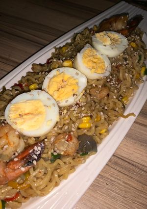 A picture of Spicy noodles with shrimps.