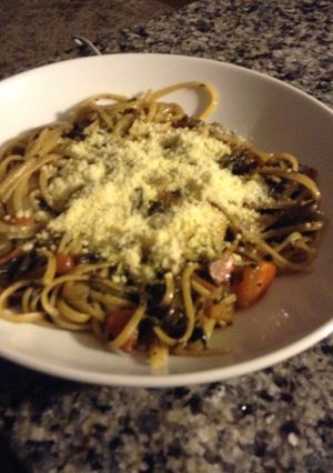 A picture of Linguinne Pasta with Dandelion Greens.
