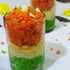 A picture of Carrot Halwa Mawa kalakand Bottle Gourd Halwa Tri colour.