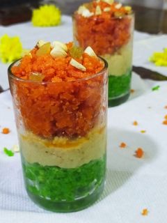 A picture of Carrot Halwa Mawa kalakand Bottle Gourd Halwa Tri colour.