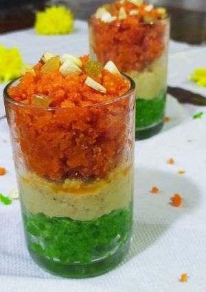 A picture of Carrot Halwa Mawa kalakand Bottle Gourd Halwa Tri colour.