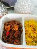 Arroz con vegetales y carne molida de res