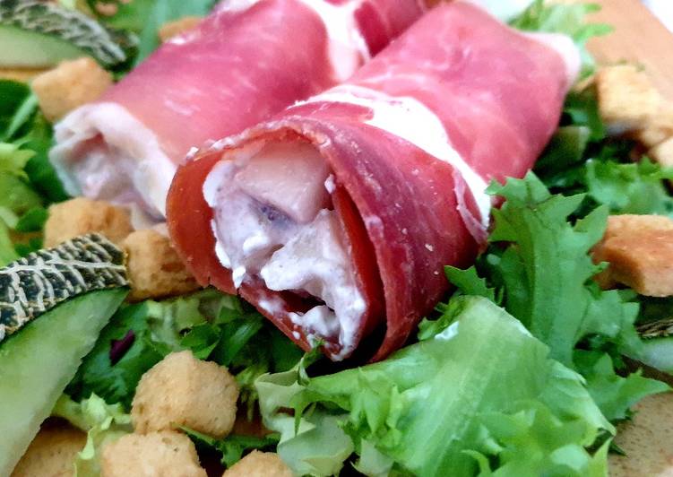 Rollitos de Jamón serrano con melón, mascarpone y cereza negra