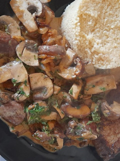 A picture of Steak and chestnut champignon sauce.