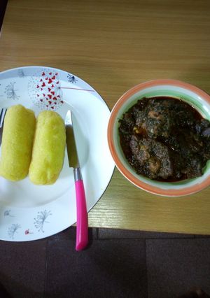 A picture of Eba and afang soup.
