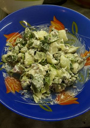 A picture of Pak choi salad with leek and onion.