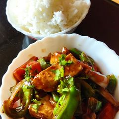 A picture of Paneer veggies stir-fry in teriyaki sauce.