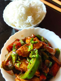 A picture of Paneer veggies stir-fry in teriyaki sauce.