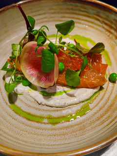 A picture of Smoked salmon with ikura and yoghurt.