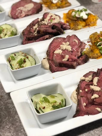 Easy Steps to Prepare Recipe Smoked Rib-eye over Mustard Sauce, Loaded Smashed Potatoes, and Cucumber Salad that is Really Delicious, Can Spoil the Tongue}