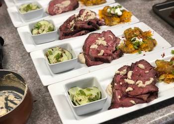 Ultimate Serving Recipe Smoked Ribeye over Mustard Sauce Loaded Smashed Potatoes and Cucumber Salad Delicious Perfect