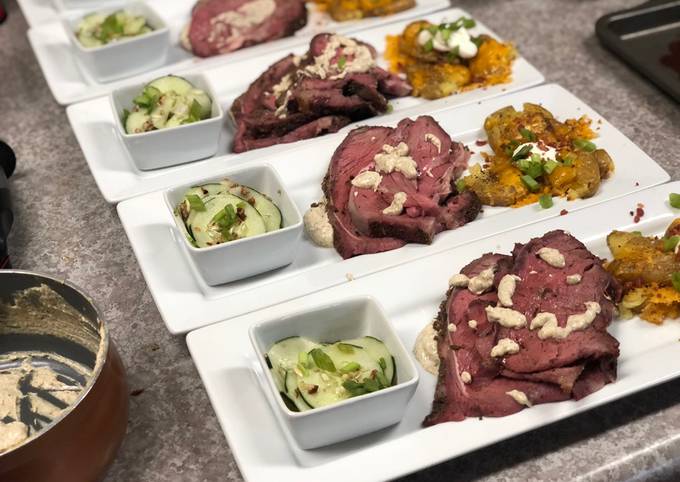 Steps to Prepare Speedy Smoked Rib-eye over Mustard Sauce, Loaded Smashed Potatoes, and Cucumber Salad