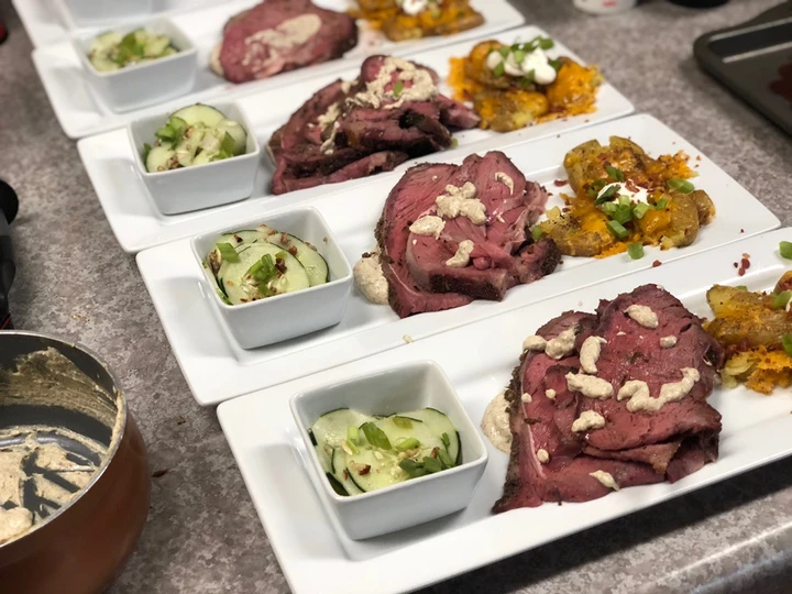 Easy Steps to Prepare Recipe Smoked Rib-eye over Mustard Sauce, Loaded Smashed Potatoes, and Cucumber Salad that is Really Delicious, Can Spoil the Tongue}