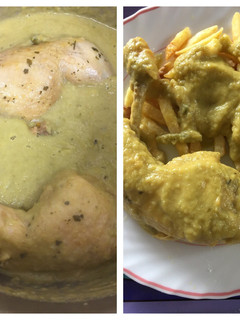 Una foto de Pollo guisado en salsa suave de vino, cebolla, ajo puerro, zanahoria y judía verde en olla expréss