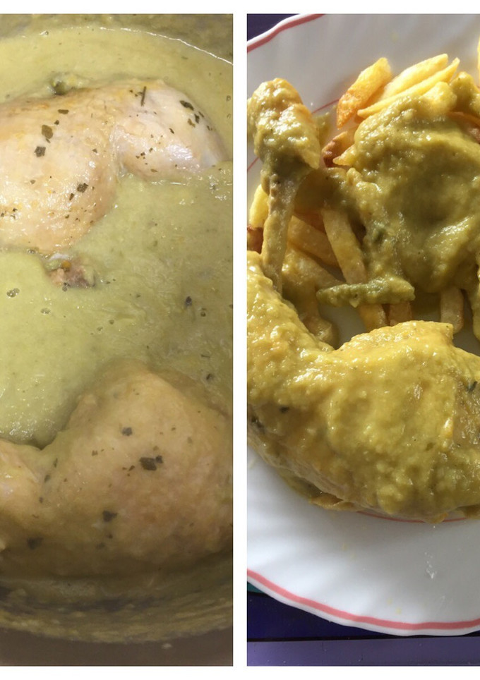 Una foto de Pollo guisado en salsa suave de vino, cebolla, ajo puerro, zanahoria y judía verde en olla expréss