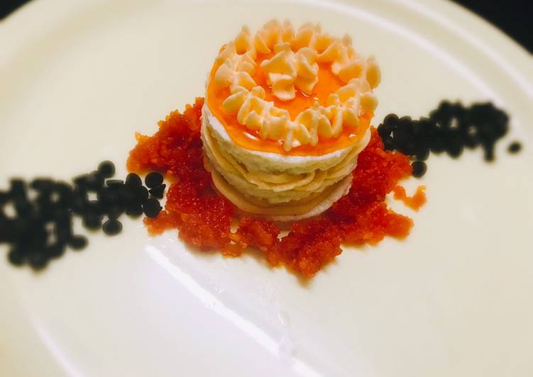 Steamed layered sandesh with orange mousse