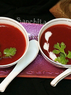 A picture of Roasted Bell pepper Tomato Beetroot soup.
