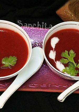 A picture of Roasted Bell pepper Tomato Beetroot soup.