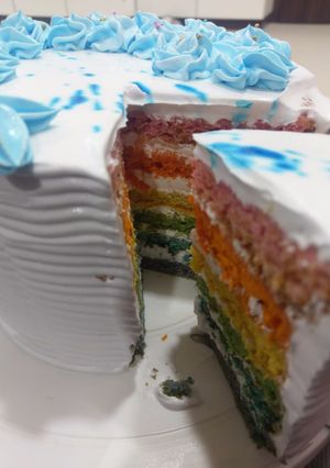 A picture of Egg less Rainbow Cake.