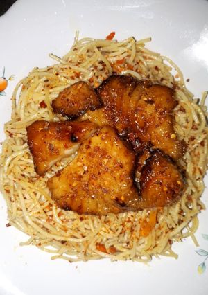 Foto resep Browned Butter Honey Garlic Tuna with Spaghetti Aglio E Olio