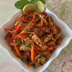 Grilled paneer salad with veggies and herbs A picture of Grilled paneer salad with veggies and herbs.