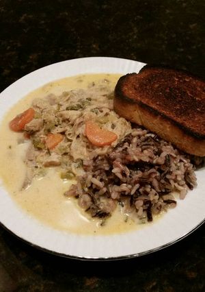 A picture of Brad's cream of turkey soup with wild rice.