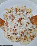 Pasta fresca, cintas al huevo con salsa de champiñones y bacon