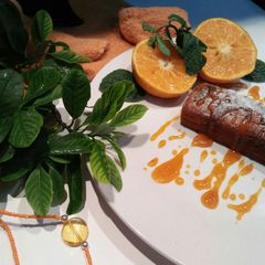 Orange cake with orange sauce A picture of Orange cake with orange sauce.