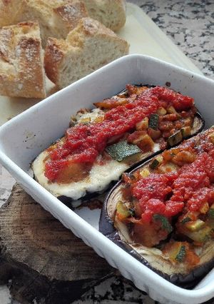 A picture of Eggplant Boats with Pisto.