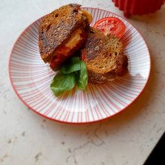 A picture of Burrata and tomato toast.