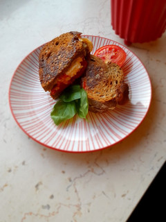 A picture of Burrata and tomato toast.