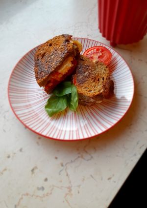 A picture of Burrata and tomato toast.